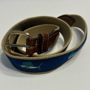 Blue Marlin Fish Vintage Leather Man Limited Belt Men's 34 Handmade Blue and Tan